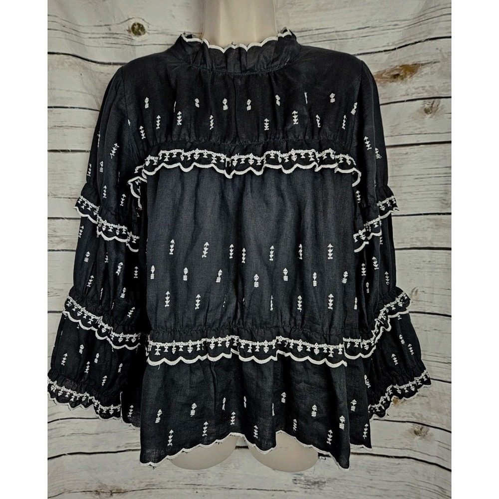 Isabel Marant Etoile Daniela Top 100% Linen Embroidered Black Ruffled 40 US L